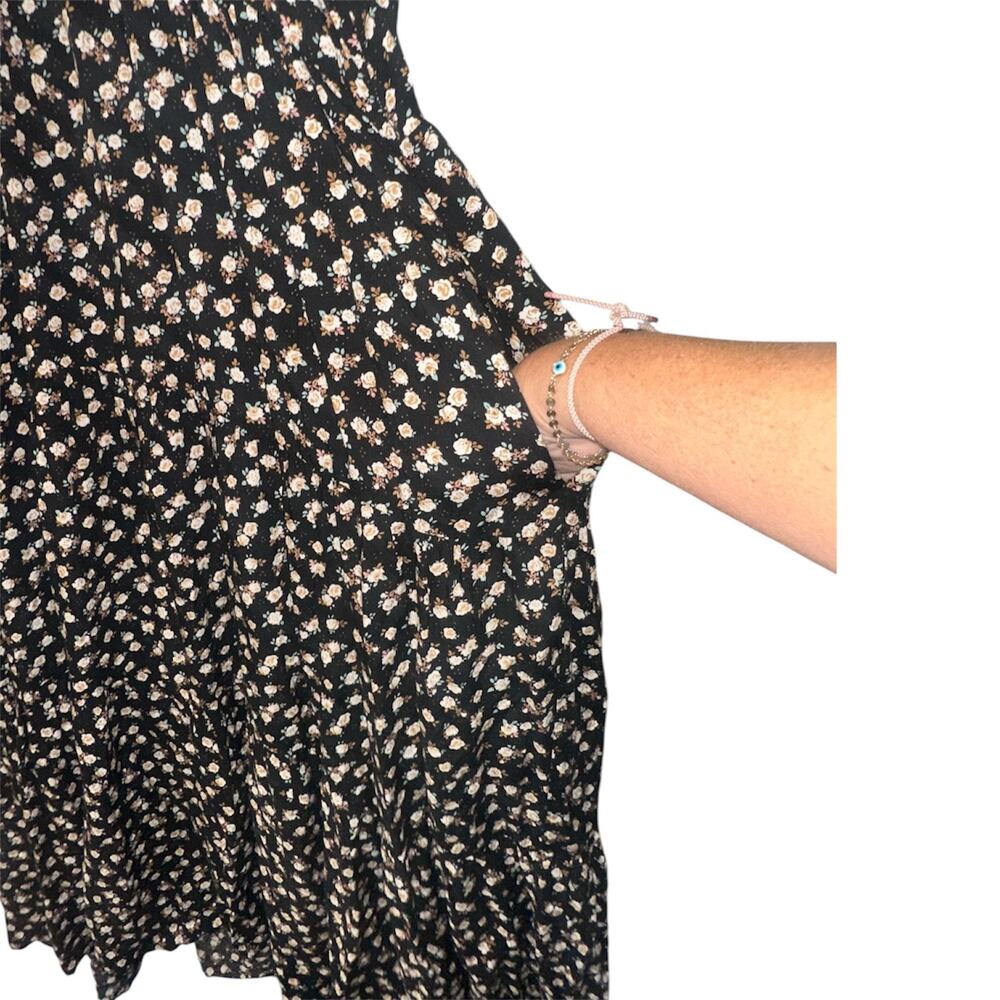 Natural Life Floral Midi Dress Medium Black Boho Tiered Button Front Rayon - Picture 5 of 8